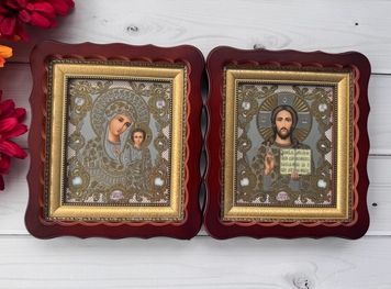 Ікони пара вінчальна Спаситель Казанська в дерев'яному темному кіоті під склом 27*23 см, 27*23ФКБМ