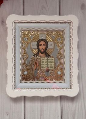 Ікони пара вінчальна Спаситель Казанська в дерев'яному білому фігурному кіоті під склом золото 26*24см /11мал