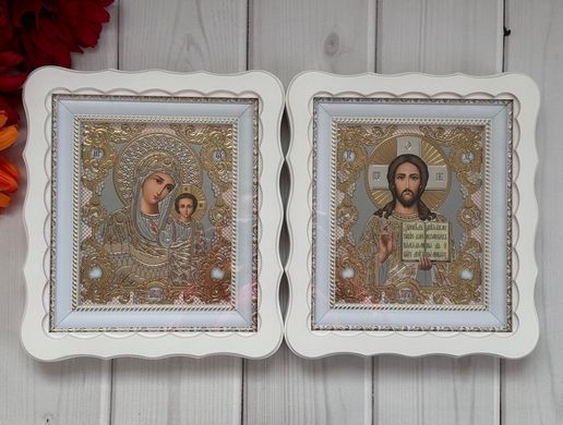 Ікони пара вінчальна Спаситель Казанська в дерев'яному білому фігурному кіоті під склом золото 26*24см /11мал