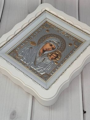 Иконы пара венчальная Спаситель Казанская в деревянном белом фигурном киоте под стеклом золото 26*24 см /11зол