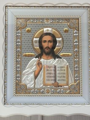 Иконы пара венчальная Спаситель Казанская в деревянном белом фигурном киоте под стеклом золото 26*24 см /11зол