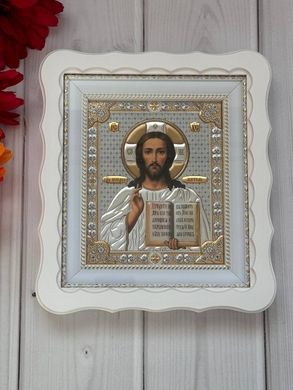 Иконы пара венчальная Спаситель Казанская в деревянном белом фигурном киоте под стеклом золото 26*24 см /11зол