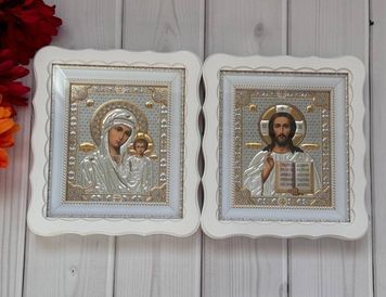 Ікони пара вінчальна Спаситель Казанська в дерев'яному білому фігурному кіоті під склом золото 26*24см /11зол