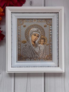 Иконы пара венчальная Спаситель Казанская в деревянном белом киоте под стеклом серебро 25*22 см 2225ПББС