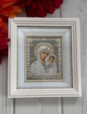 Иконы пара венчальная Спаситель Казанская в деревянном белом киоте под стеклом 19*21 см 2940101золот
