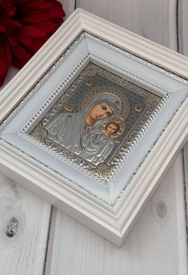 Иконы пара венчальная Спаситель Казанская в деревянном белом киоте под стеклом 19*21 см 2940102срібл