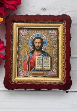 Иконы пара венчальная Спаситель Казанская в деревянном темном киоте под стеклом 27*23 см, 27*23ФКБК