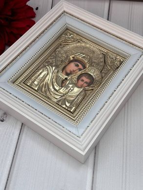 Ікони пара вінчальна Спаситель Казанська в дерев'яному білому кіоті під склом золото 25*22 см