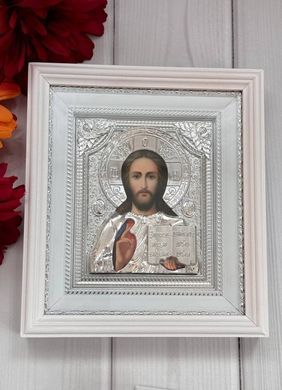 Иконы пара венчальная Спаситель Казанская в деревянном белом киоте под стеклом в серебре 22*25 см
